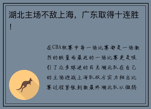 湖北主场不敌上海，广东取得十连胜！