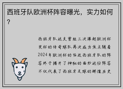 西班牙队欧洲杯阵容曝光，实力如何？