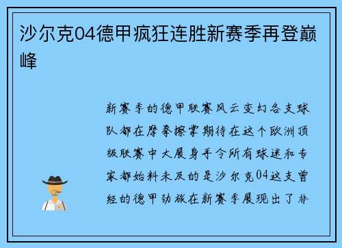 沙尔克04德甲疯狂连胜新赛季再登巅峰