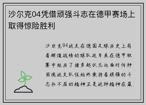 沙尔克04凭借顽强斗志在德甲赛场上取得惊险胜利