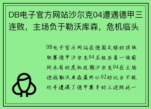 DB电子官方网站沙尔克04遭遇德甲三连败，主场负于勒沃库森，危机临头